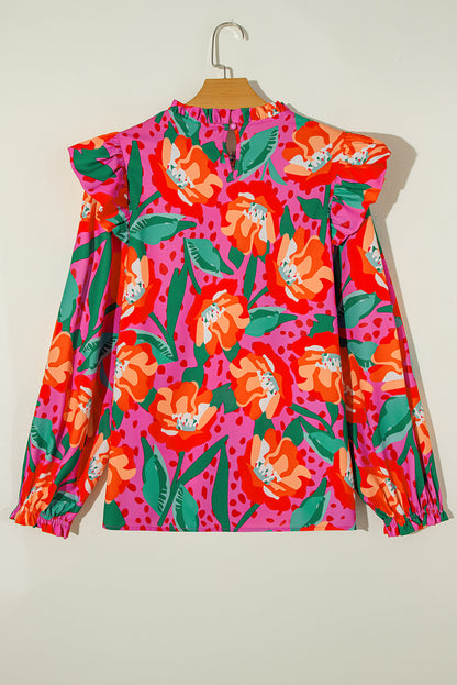 Roze bloemenprint geplooide ruches O-hals plus maat blouse