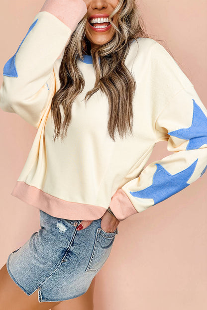 Beige Star Patchwork Oversized Sweatshirt met zichtbare naden