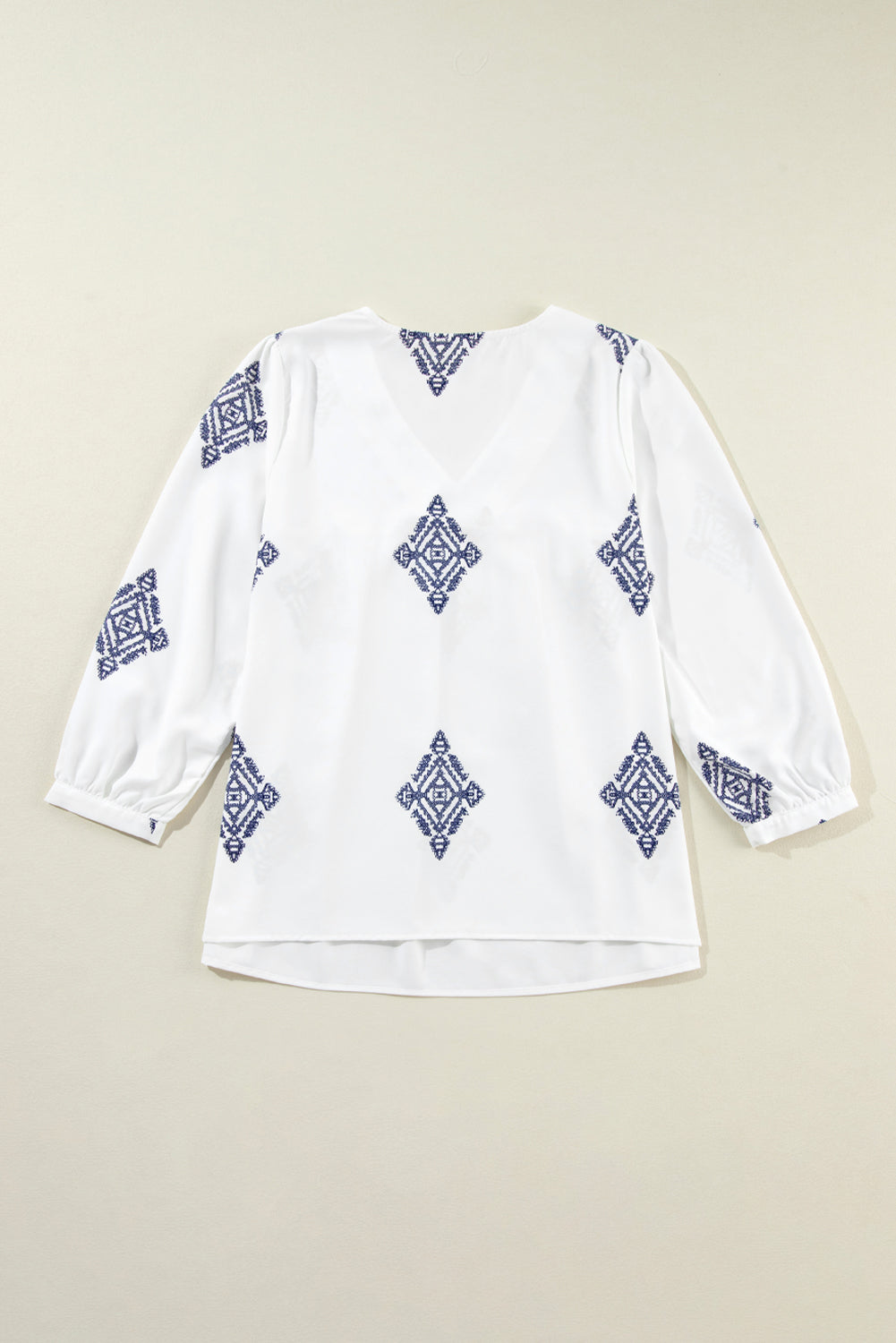 Witte Boho Geometrische Print Armband Mouw V Hals Blouse