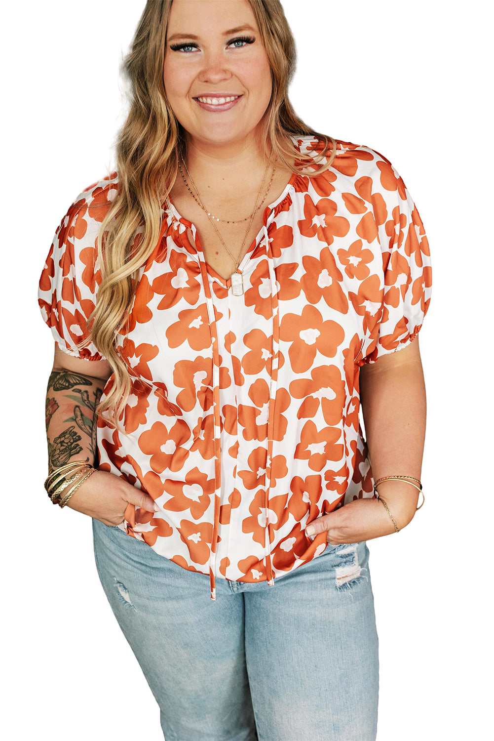 Oranje grote maat bloemenprint met trekkoord en V-hals, blouse met korte mouwen