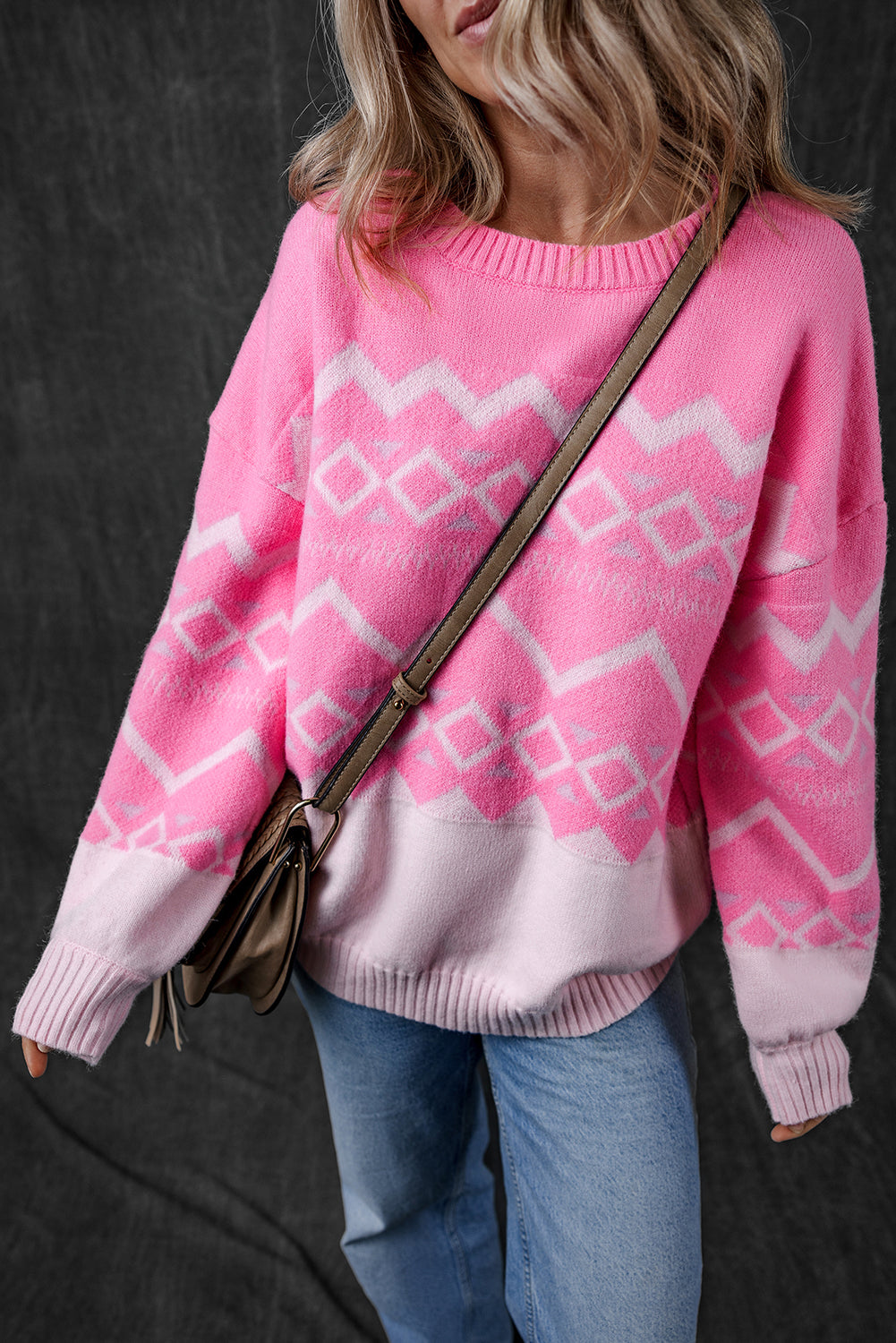 Roze Western Aztec geometrische drop shoulder trui