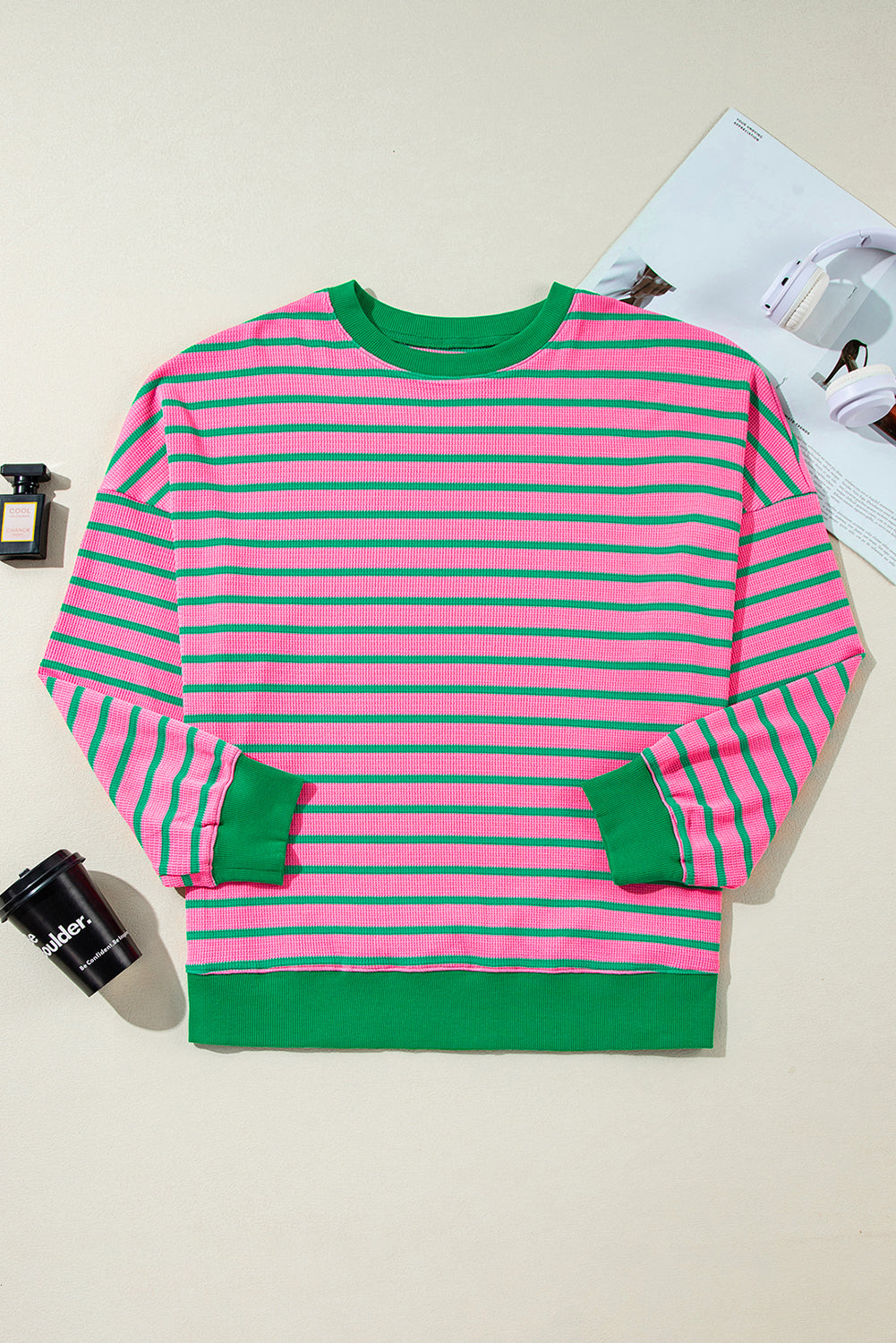 Roze streep wafel gebreide crew nek plus size sweatshirt