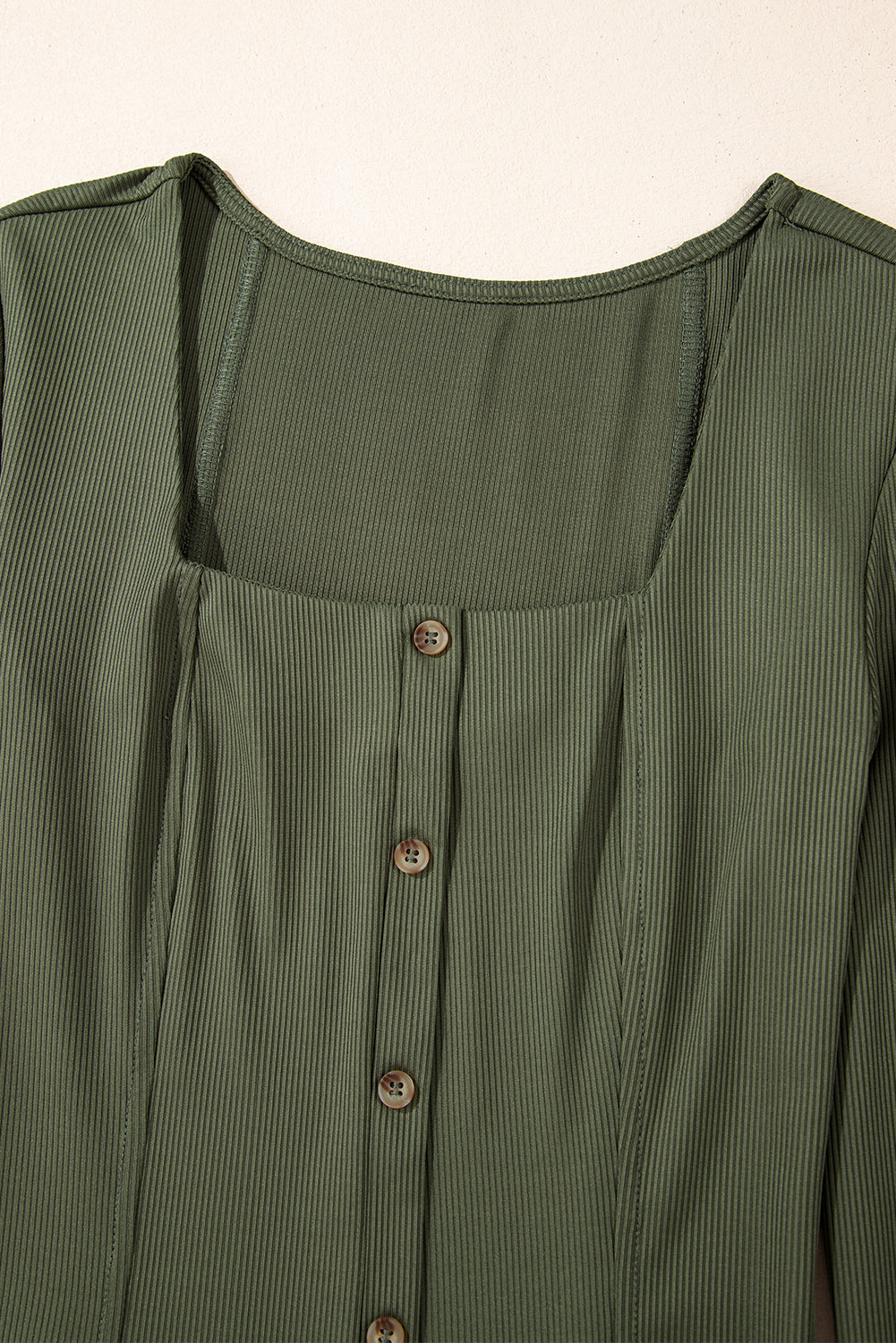 Guacamole Green Rib Knit Square Neck Buttoned Long Sleeve Mini Dress