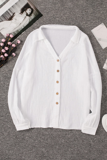 White Turn-down Collar V Neck Crinkled Cuffed Shirt