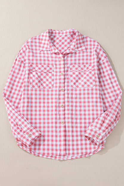 Pink Gingham printkastvakken geknoopte kraagshirt geknoopt