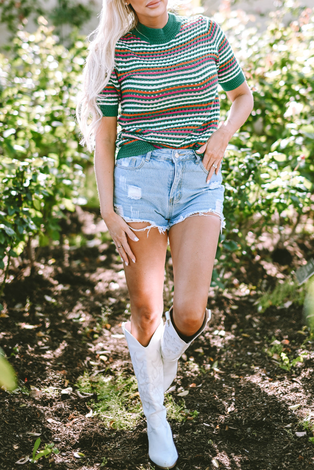 Dark Green Striped Pattern Contrast Trim Pointelle Knit T Shirt