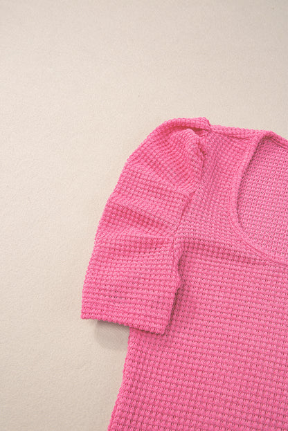 Bright Pink Waffle Knit Ruched Puff Sleeve Top