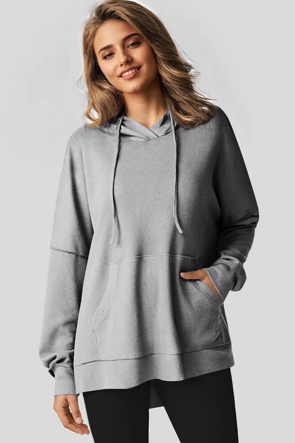 Grijze wafel gebreide fleece gevoerde high low oversized hoodie