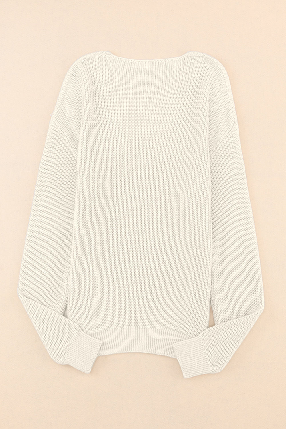 Beige Ribbed Knit V Neck Sweater