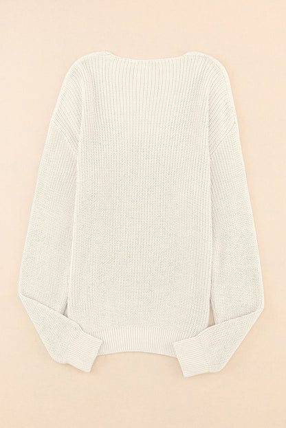 Beige Ribbed Knit V Neck Sweater