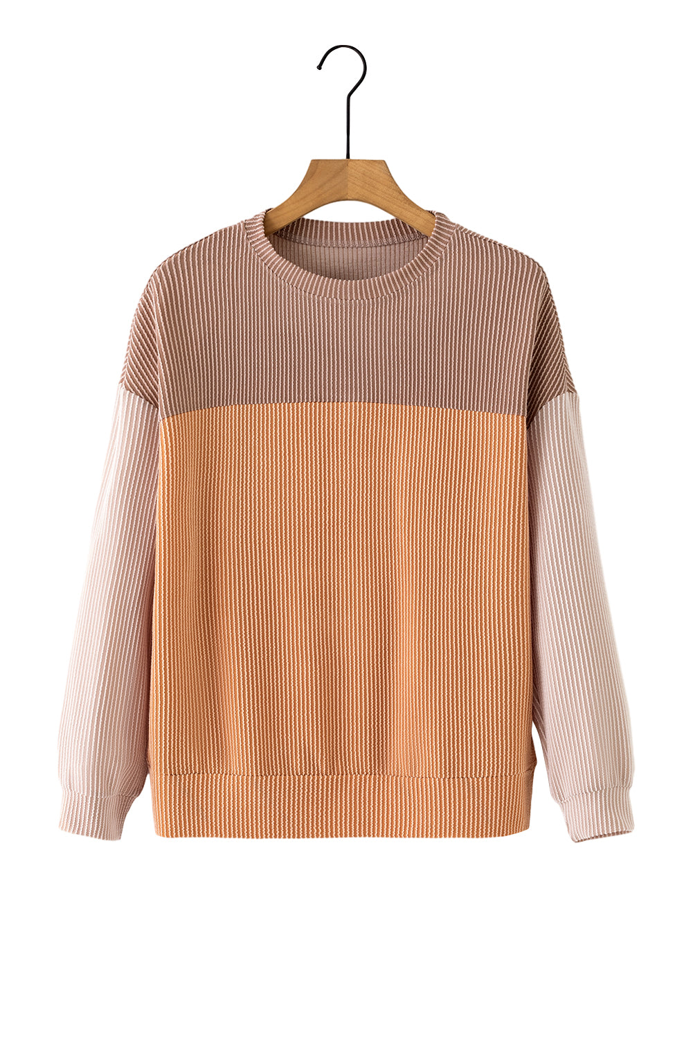 Khaki Color Block Long Sleeve Ribbed Loose Top