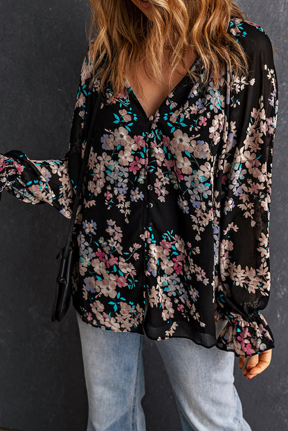 Zwarte chiffon blouse met wilde bloemenprint