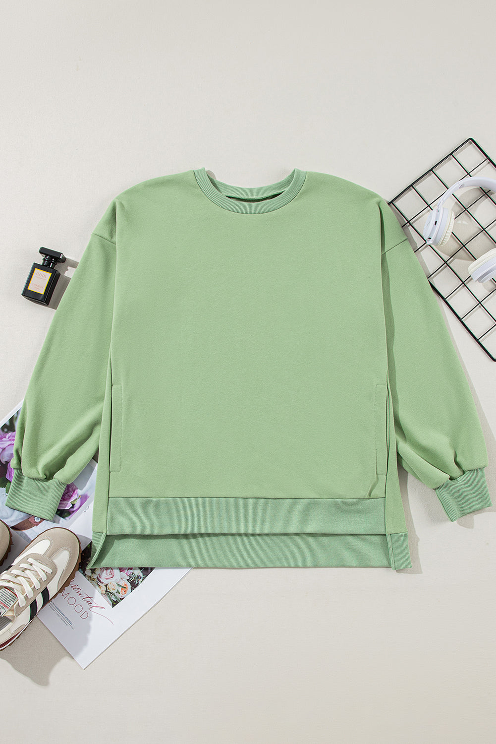 Grass Green Solid Fleece Lined Drop Shoulder High Low Sweatshirt