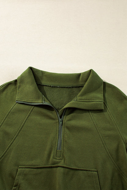 Moss Green Quarter Zip Stand Neck Kangaroo Pocket Sweatshirt