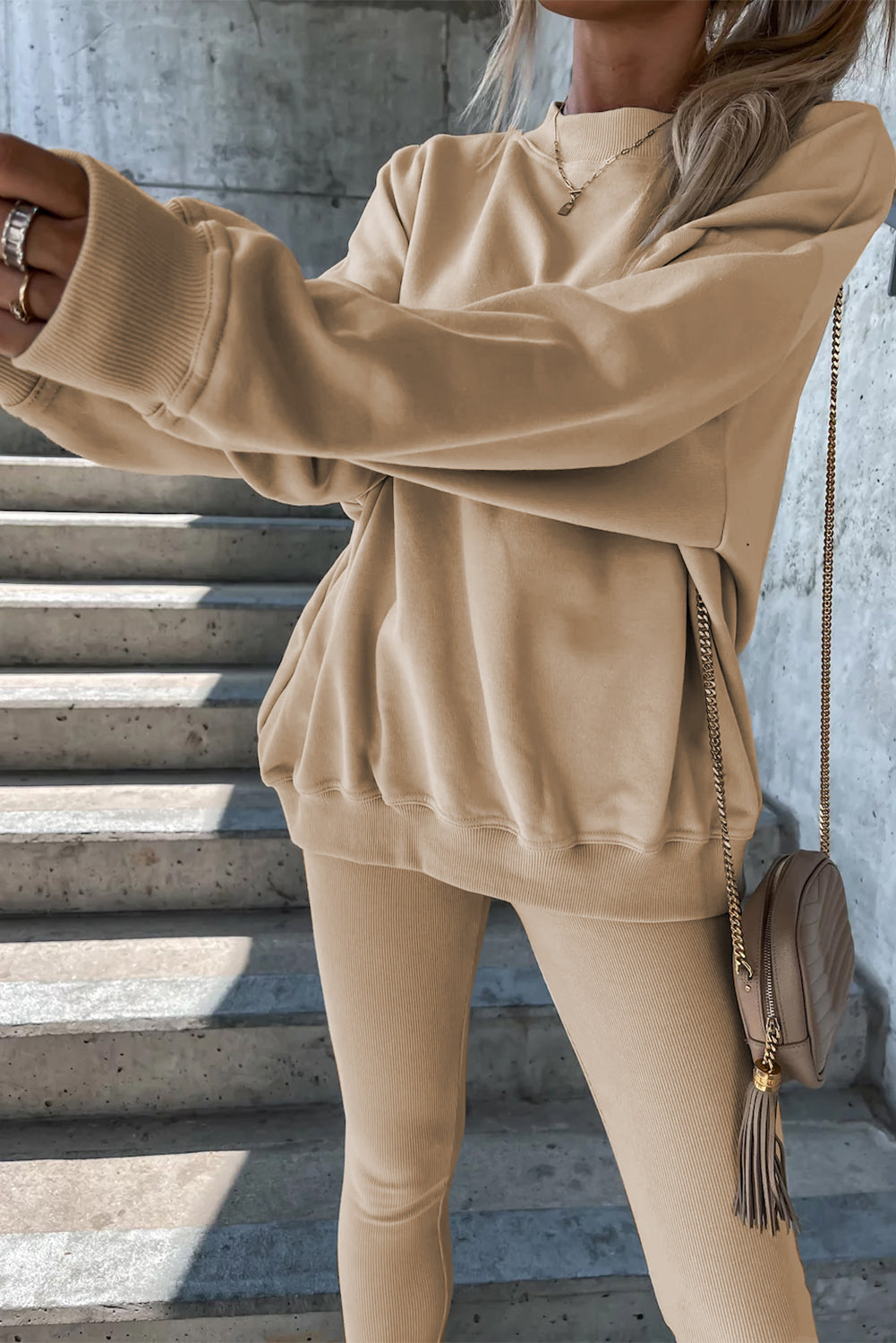 Beige effen sweatshirt en legging, tweedelige set