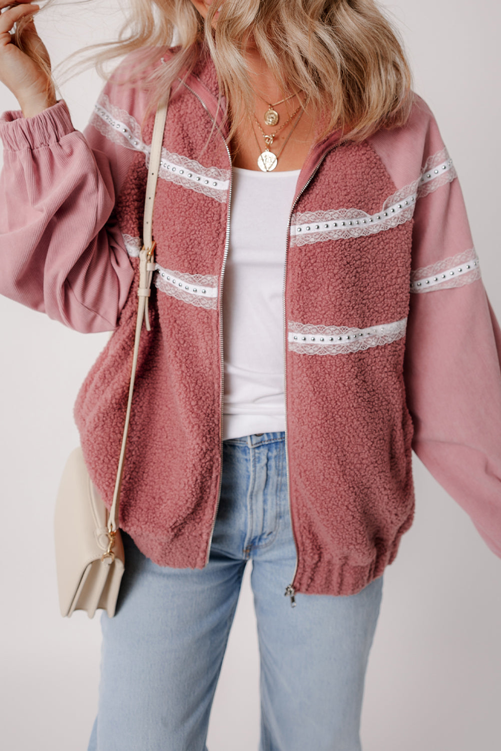 Roze sherpa patchwork kanten elastische manchetten ritsjack