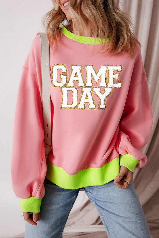 Roze GAME DAY Glitter Color Block Crew Neck Sweatshirt