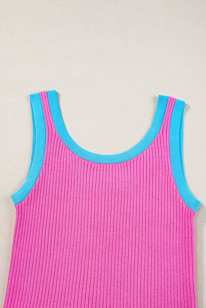 Felroze geribbelde tanktop met U-hals en colorblockrand