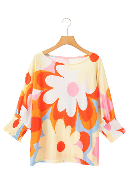 Gele geribbelde blouse met bloemenprint en 3/4 mouwen