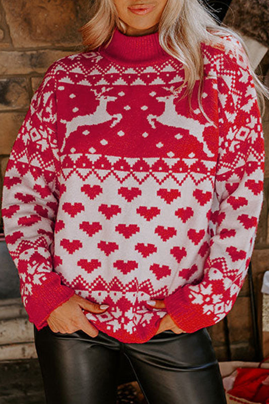 Fiery Red Merry Christmas Rendier Heart Patroon High Neck Sweater