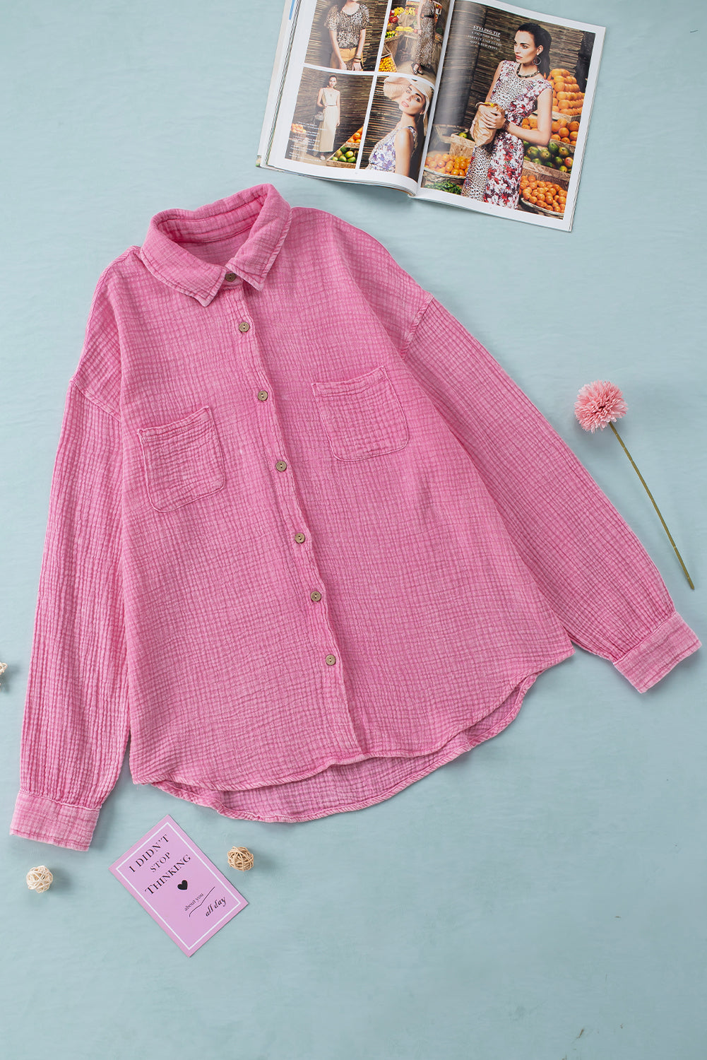 Pink Mineral Wash Crinkle Textured Chest Pockets Shirt