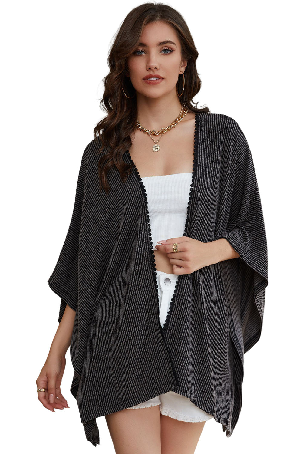 Zwarte oversized kimono met kanten rand