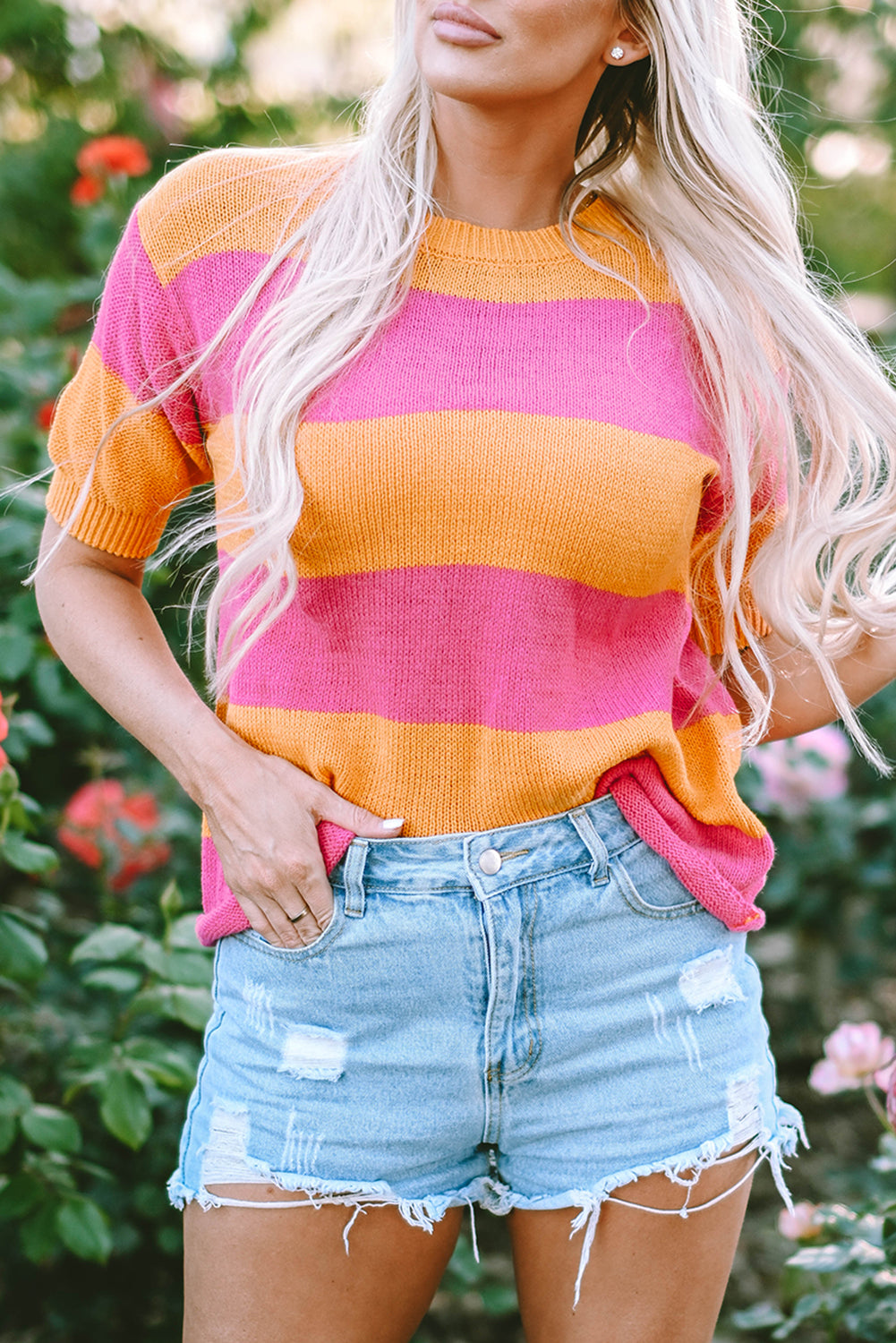 Orange Stripe Color Block Knitted T-shirt Sweater