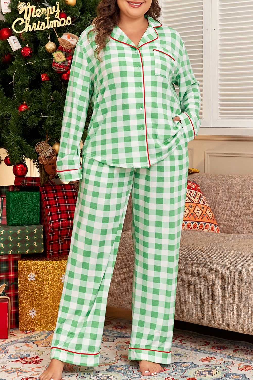 Groene plaid print contrast trim lange mouw plus size pyjama set