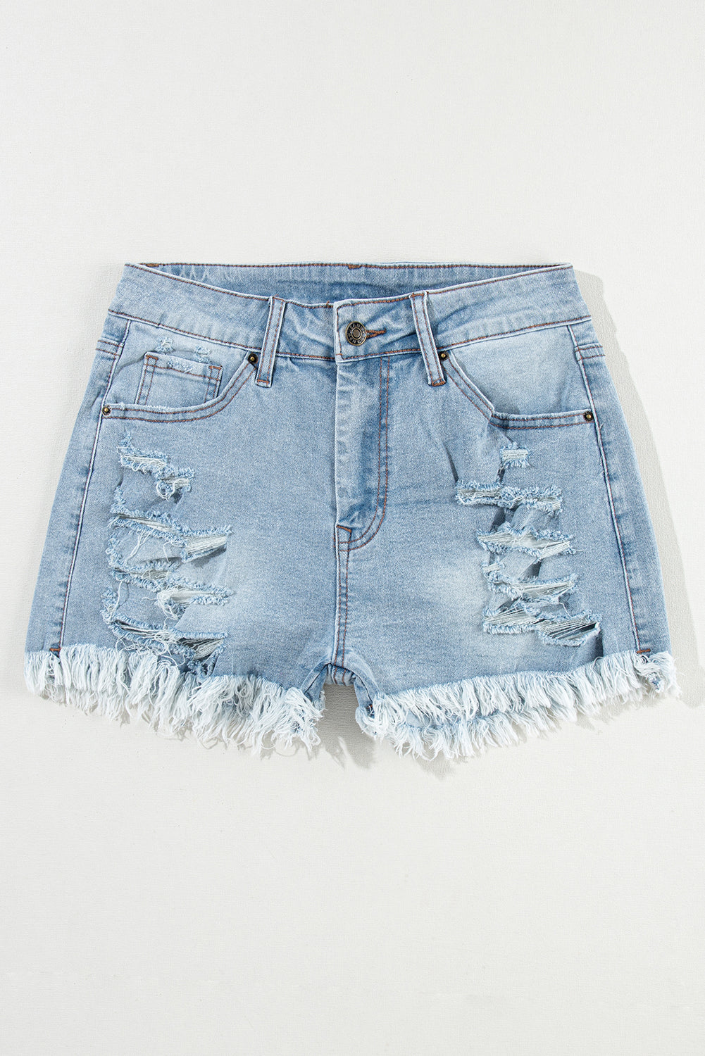 Lichtblauwe denim shorts met gescheurde, ruwe zoom en hoge taille