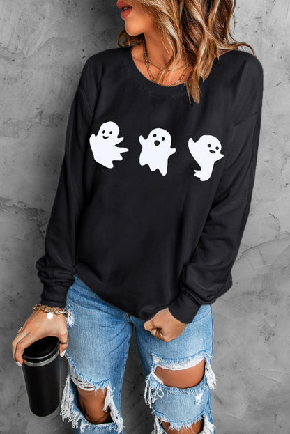 Zwarte Halloween Ghosts Print Ronde Hals Sweatshirt