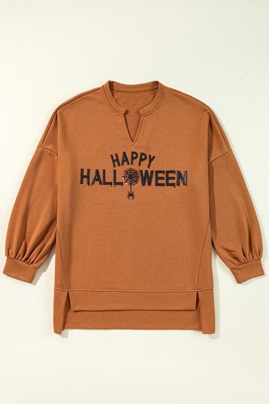 Kastanjekleurige pailletten Happy Halloween grafische inkeping hals lange mouw losse top