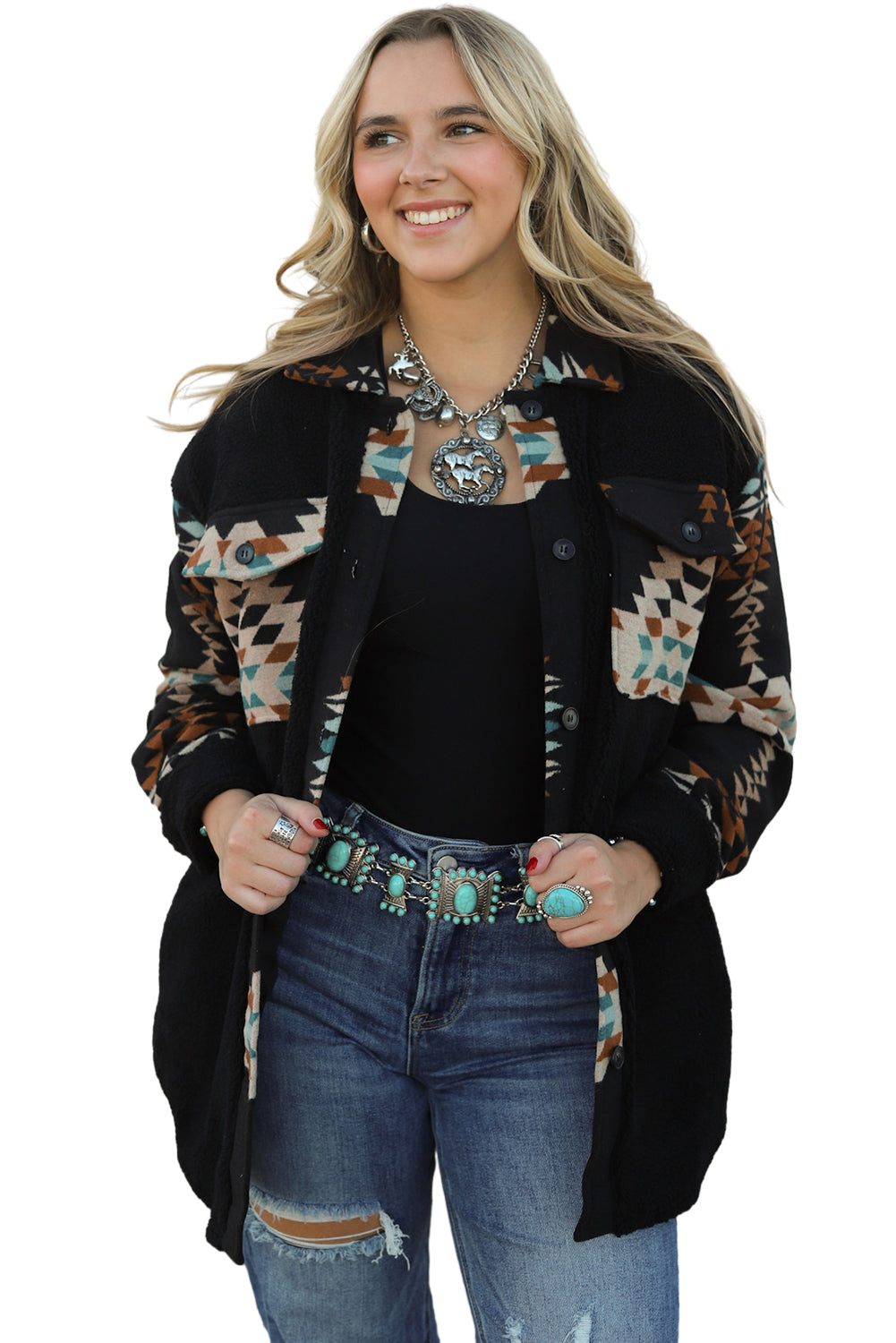 Zwarte fleece shacket met westerse Azteekse print en accent