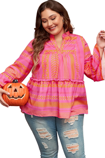 Vitality Orange Plus Size Geometrisch Geborduurd Bell Sleeve Babydoll Blouse