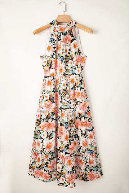 Zwarte Boho bloemenprint geknoopte halter maxi-jurk met ruches