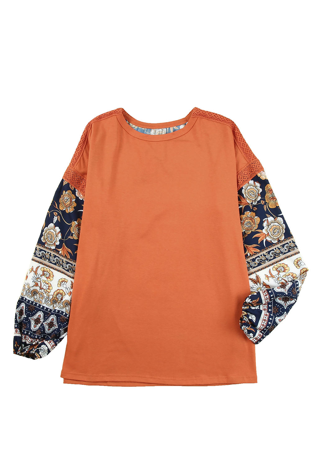 Bruine top met ballonmouwen, boho-bloemenprint en kanten details