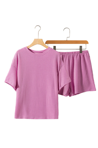 Phalaenopsis Ribbed Textured Knit Loose Fit Tee and Shorts Set