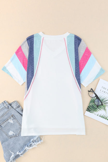 T-shirt met witte strepen en patchwork met V-hals