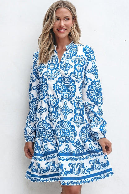 Hemelsblauwe tribal print knoop- en inkepinghals losse mini-jurk