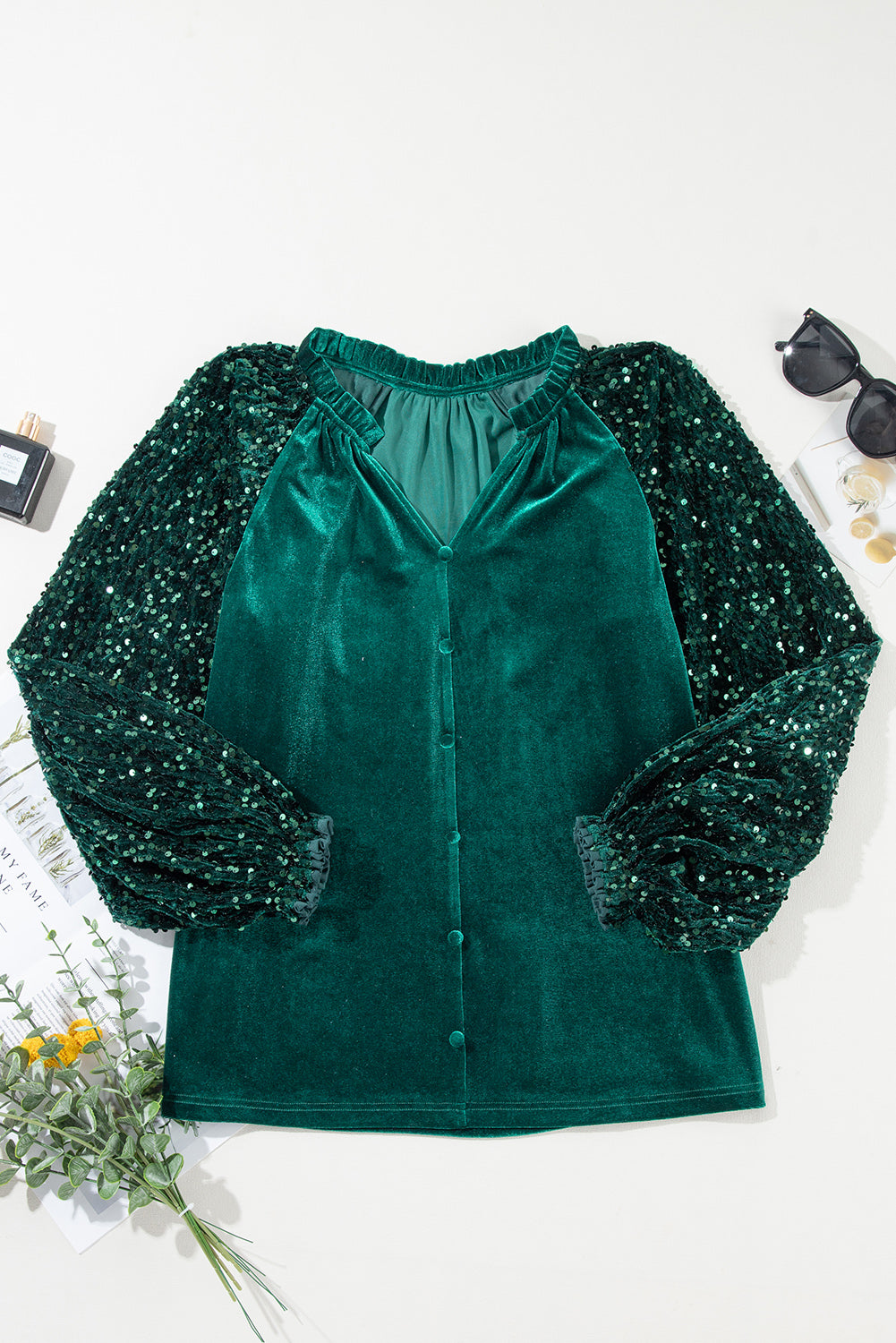 Evergreen Sequin Patchwork Mouw Knoopsluiting Fluwelen Top