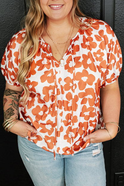 Oranje grote maat bloemenprint met trekkoord en V-hals, blouse met korte mouwen