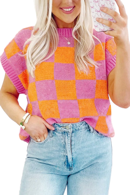 Aardbeienroze colorblock geruite tanktop met geribbelde rand