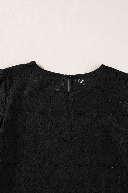 Zwarte bloemoogje jacquard sleutelgat top met volantmouwen