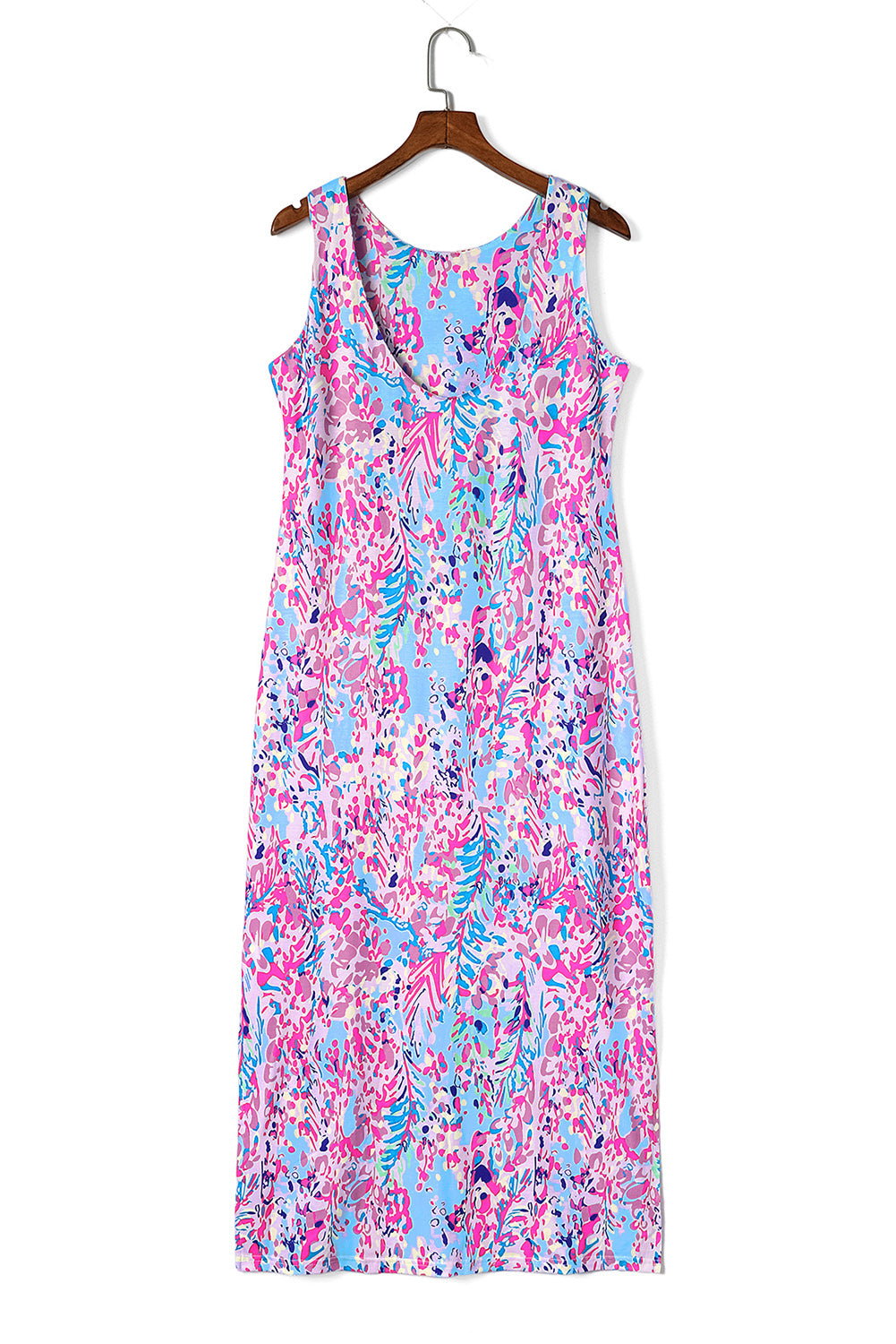 Paarse mouwloze maxi-jurk met abstracte bloemenprint