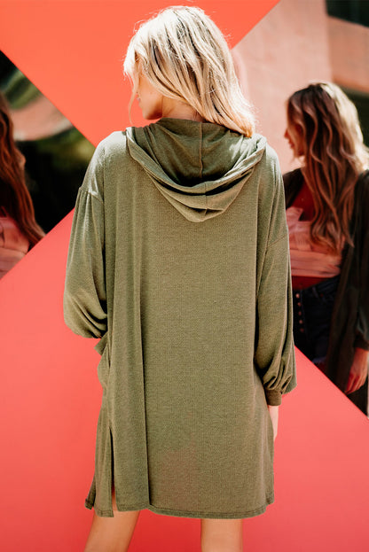 Guacamole Green Hooded Side Split Open Cardigan with Pocket