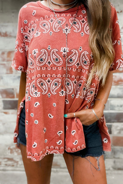 Red Paisley Print Side Slits Crew Neck T Shirt