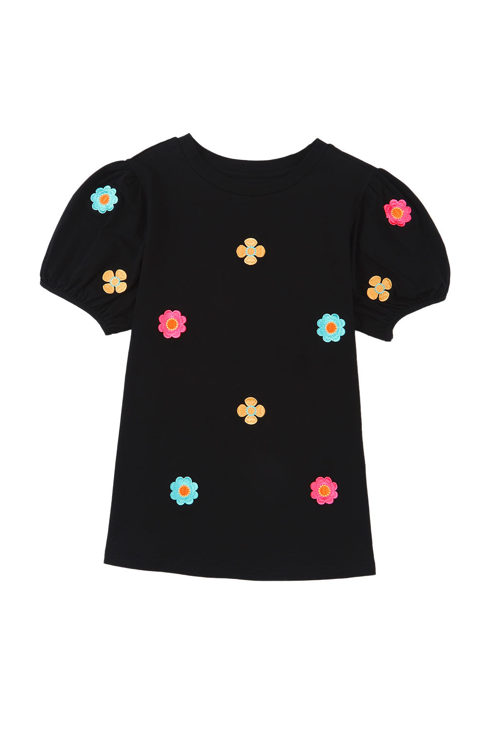 Zwart geborduurd T-shirt met korte pofmouwen en bloemen