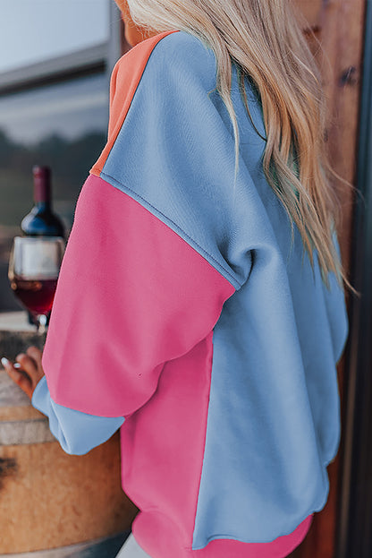 Sky Blue Colorblock Patchwork Drop Shoulder Sweatshirt