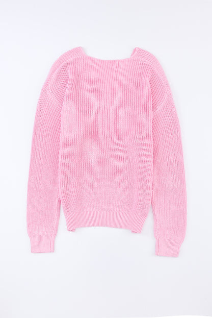 Pink Ribbed Knit V Neck Sweater