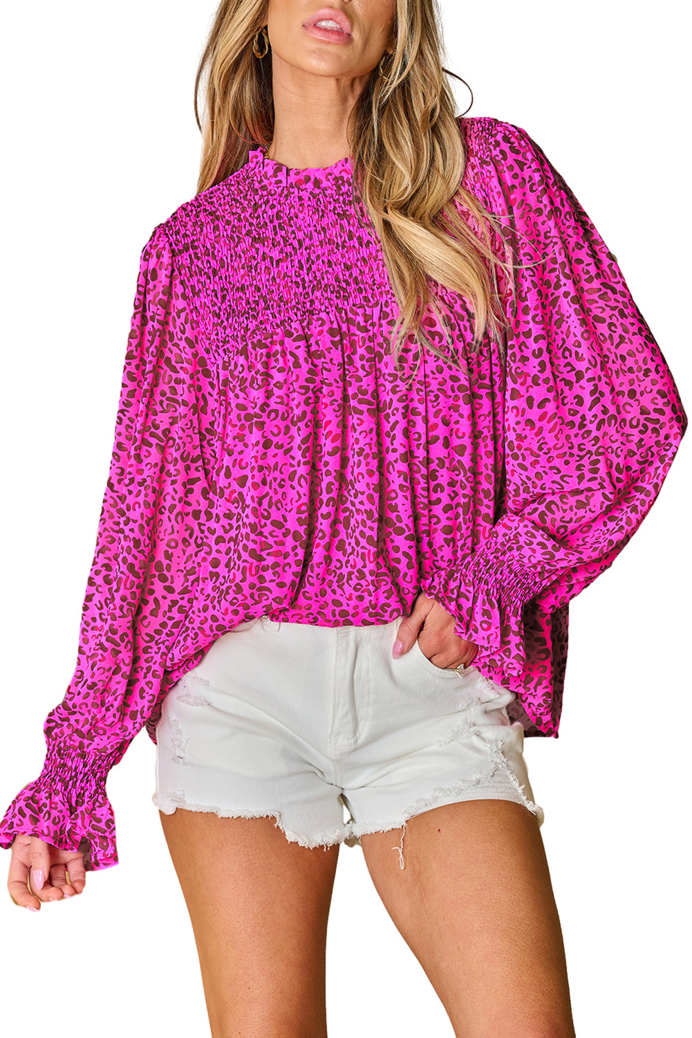 Rose Leopard Shirred Puff Sleeve Flowy Blouse