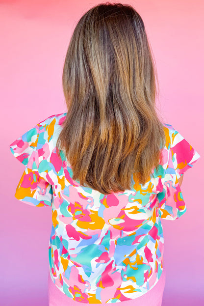 Grote maat blouse met veelkleurige abstracte print en ruches aan de mouwen